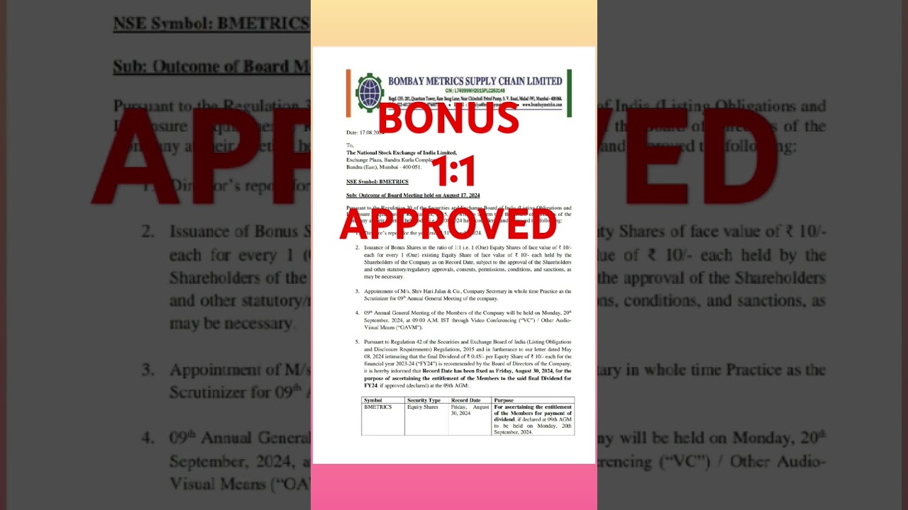 💥 BONUS 💥 Bombay metrics supply chain Ltd share #bonus update #stockmarket #trading #bse #nse #smju