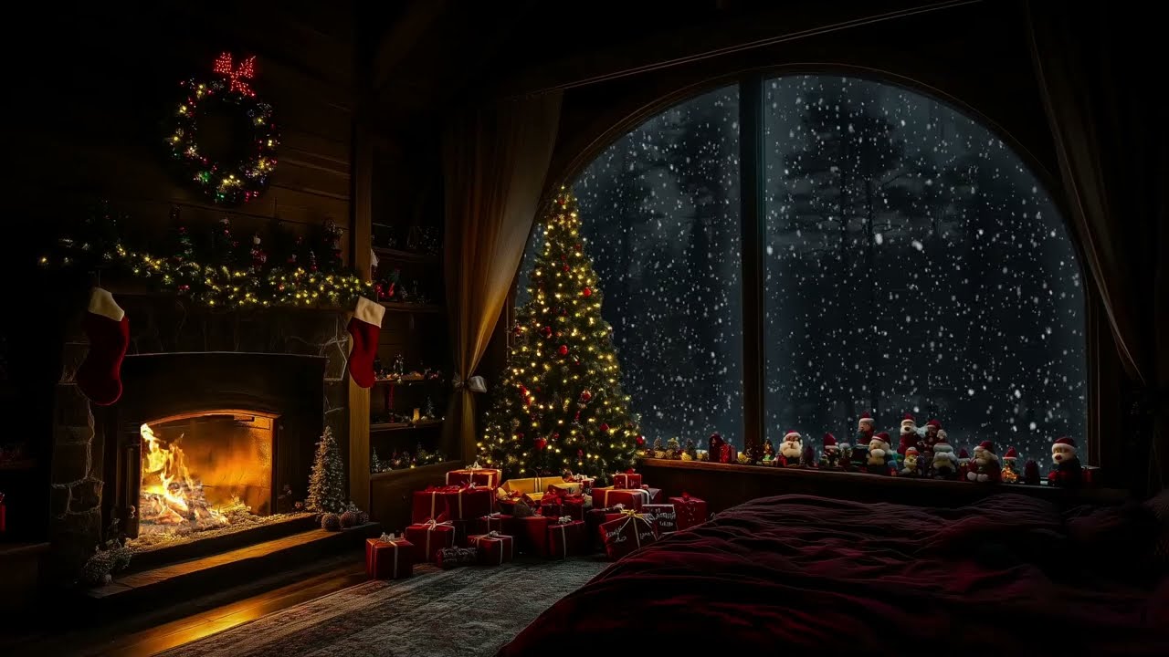 Christmas in Cozy Bedroom | Snowstorm and Fireplace Sounds for Relaxation