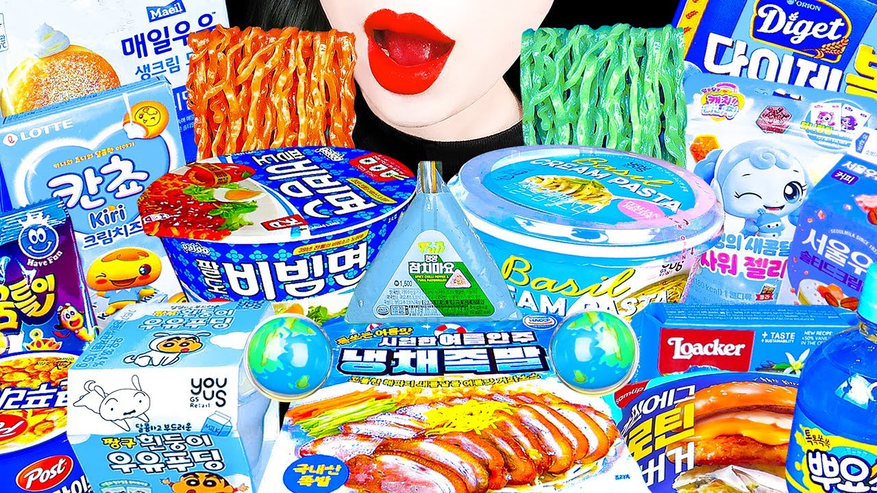 ASMR MUKBANG | BLUE💙CONVENIENCE STORE FOOD! FIRE NOODLE RAMEN GIMBAP DESSERTS SNACK JELLY EATING 먹방