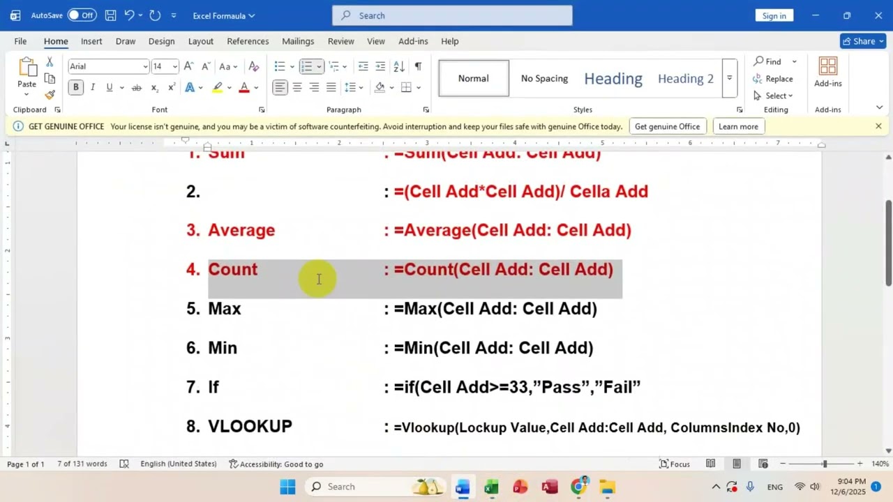Excel 20 Formula