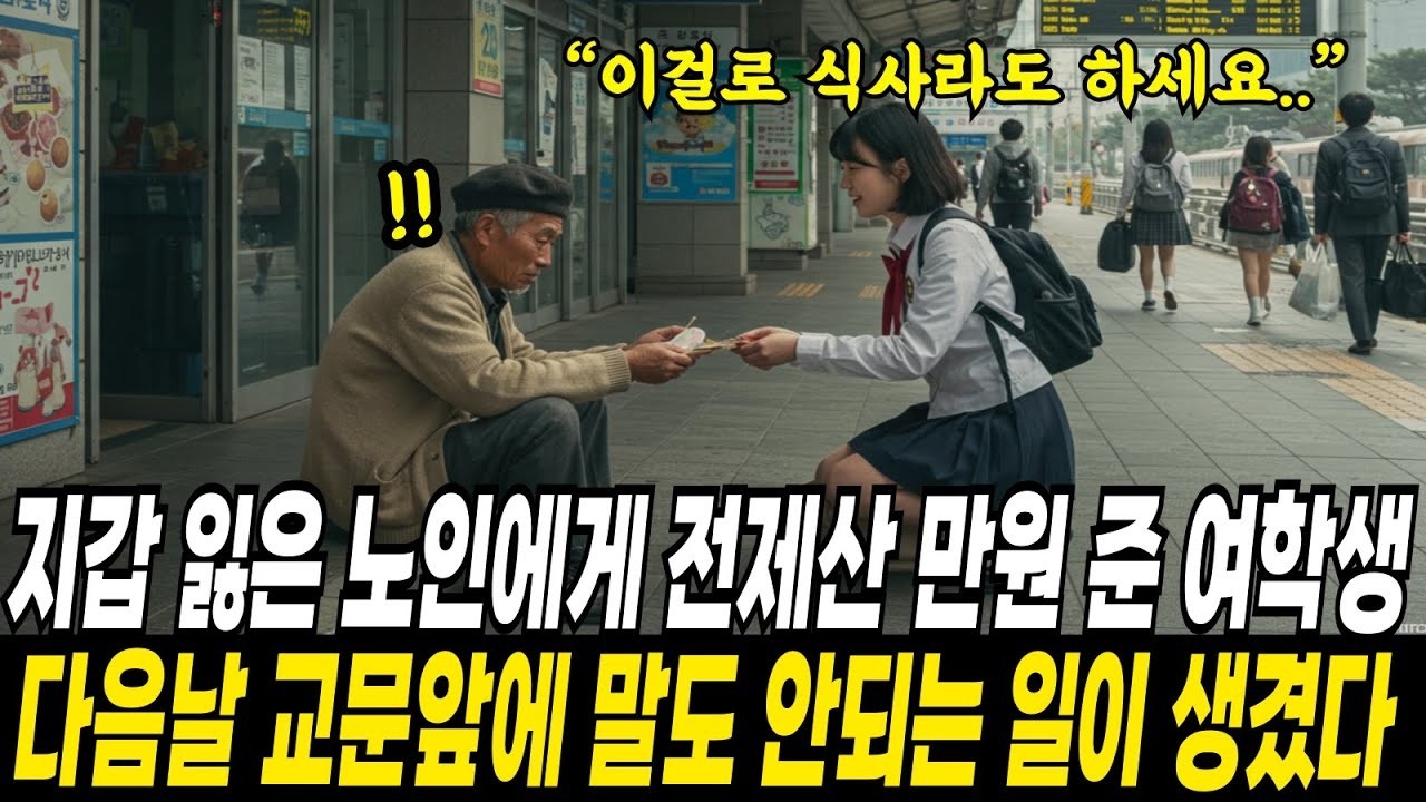 지하철역 앞, 지갑을 도둑맞은 할아버지에게 가진 전부인 만원을 건넨 가난한 여고생 다음 날, 교문 앞에 검은 고급 세단이 멈춰 섰다