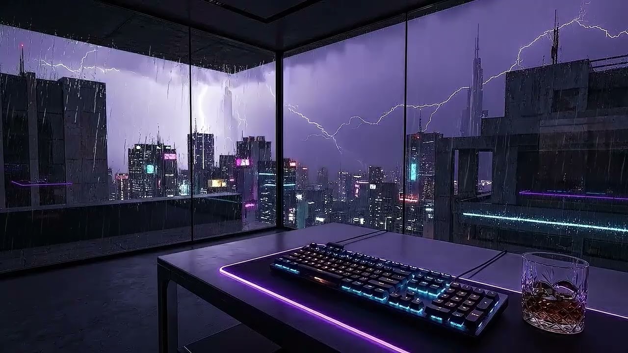 Cyberpunk Penthouse Thunderstorm ⚡ Dark Piano Lofi & Heavy Rain for Intense Focus [3 Hours]