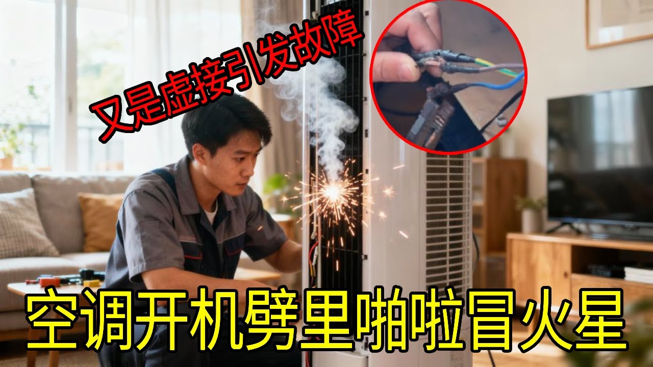 空调开机火花带闪电，果然是虚接引发的故障，连胶带都烧焦了【城阳电工电路】