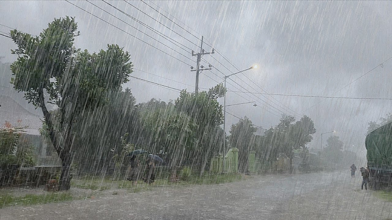 The biggest super crazy rainstorm in history in the village, extreme rain, strong winds & lightning