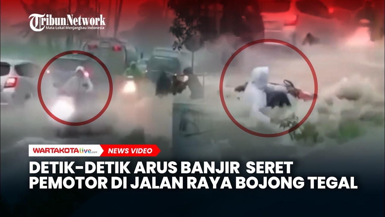 Detik detik Arus Banjir  Seret Pemotor di Jalan Raya Bojong Tegal, Pelajar SMK Dikabarkan Hilang