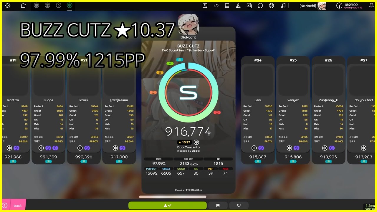 [OSU!MANIA] ★10.37 97.99% BUZZ CUTZ 1215PP