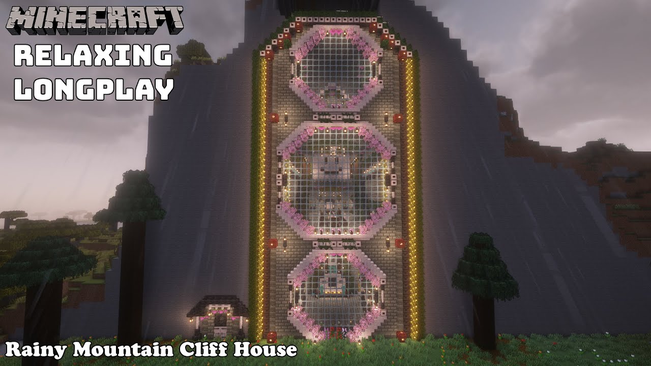 Minecraft Relaxing Longplay - Rainy Mountain Cliff House - Cozy Cottagecore No Commentary
