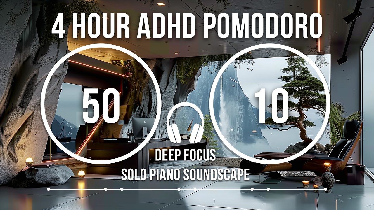 4 Hour Pomodoro | 50 Minute Blocks | Solo Piano 🎹🎧 | ADHD Study & Work