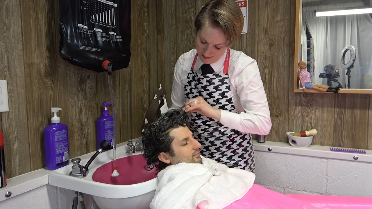 Kat washes husband's hair in the shampoo bowl
