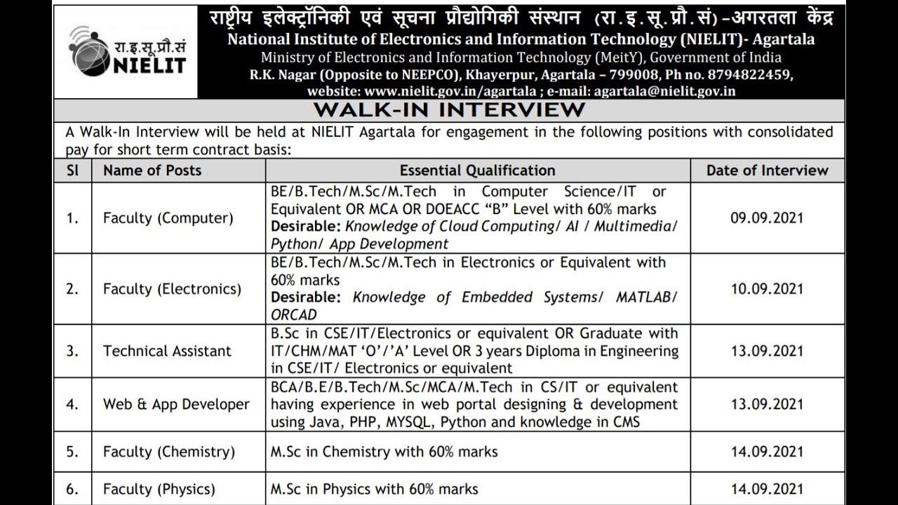 Faculty Recruitment ( NIELIT Agartala)|| Technical Assistant || App Devloper|| Walk in Interview