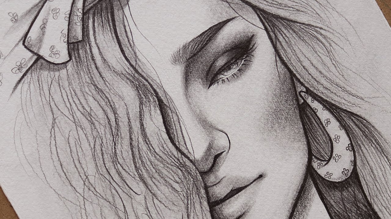 تعلم الرسم : كيف ترسم بورتريه بسيط بالرصاص للمبتدئين ~ سكتش فتاه بشعر مموج وربطه رأس