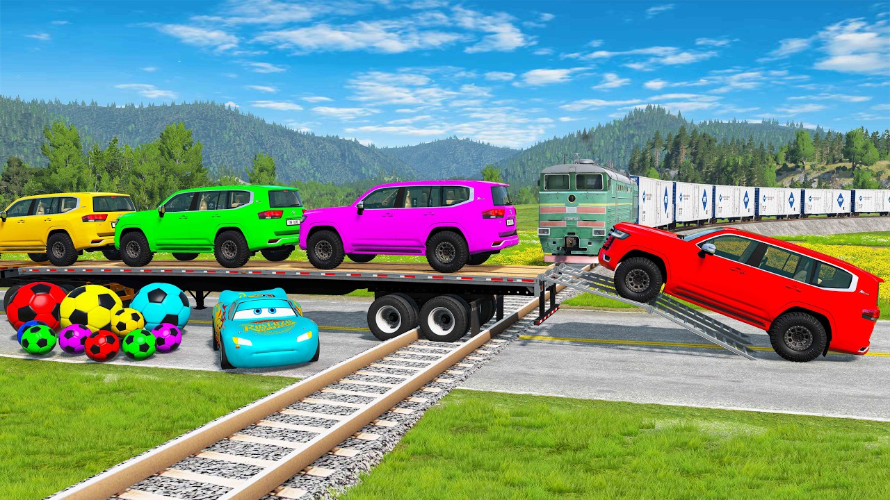 Flatbed Trailer McQueen Transportation with Truck - Speedbumps vs Cars vs Train - BeamNG.Drive #10