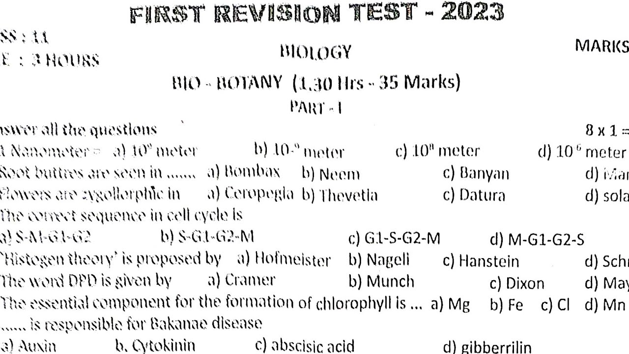 11TH BIOLOGY FIRST REVISION TEST-2023 OFFICIAL ORIGINAL QUESTION PAPER II 11TH BIOLOGY REVISION TEST