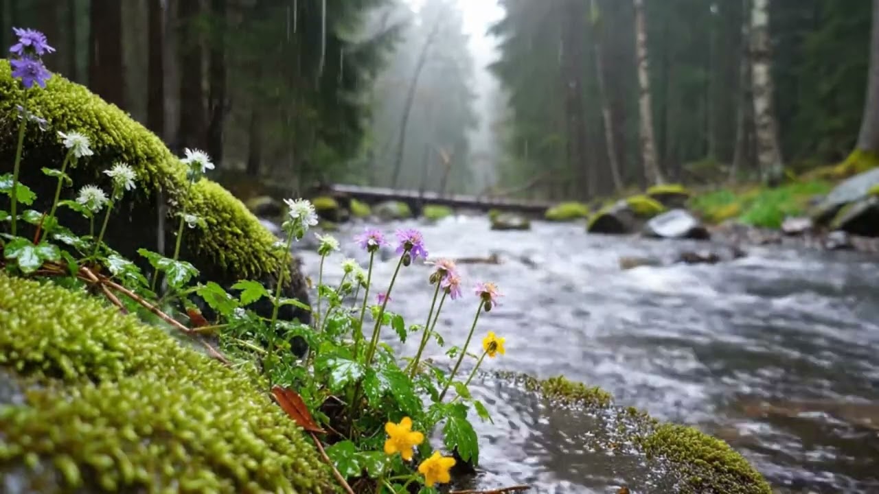 Rainy Forest River Sounds🌧️Relaxing Water Stream & Mossy Stones | Deep Sleep, Study & Stress Relief