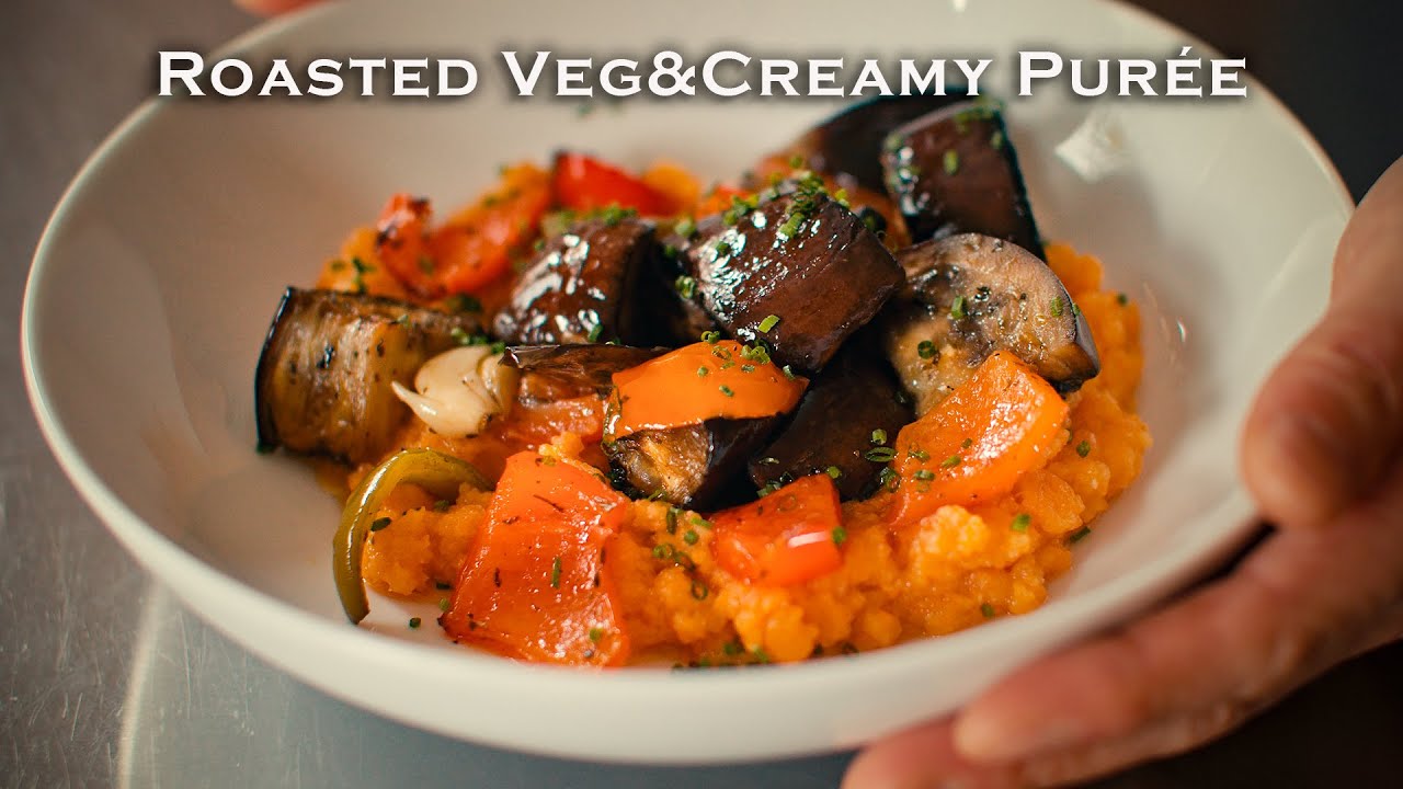 Roasted Aubergine & Pepper with Creamy Swede Carrot Purée | ASMR Vegan Recipe