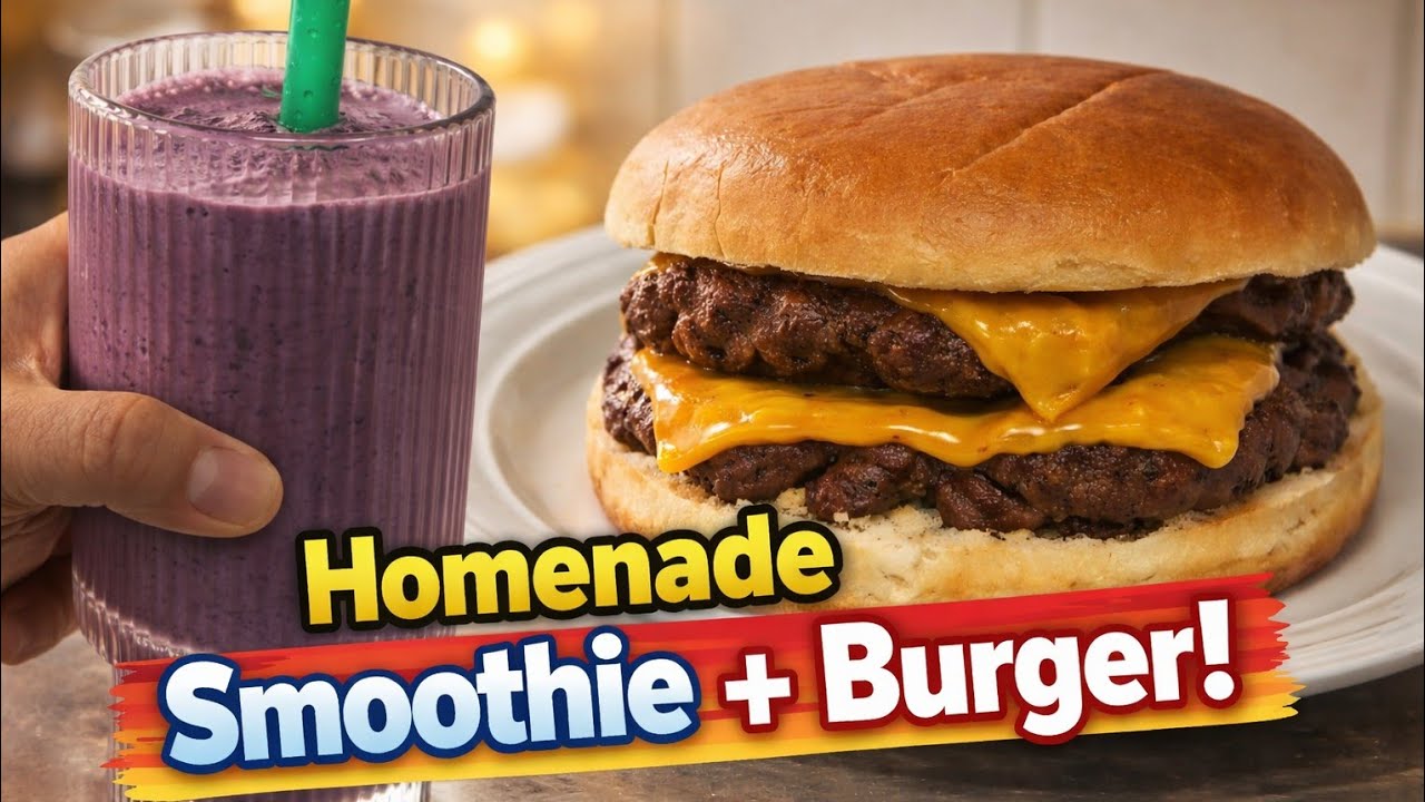 Homemade hamburger plus smoothie for my son. 