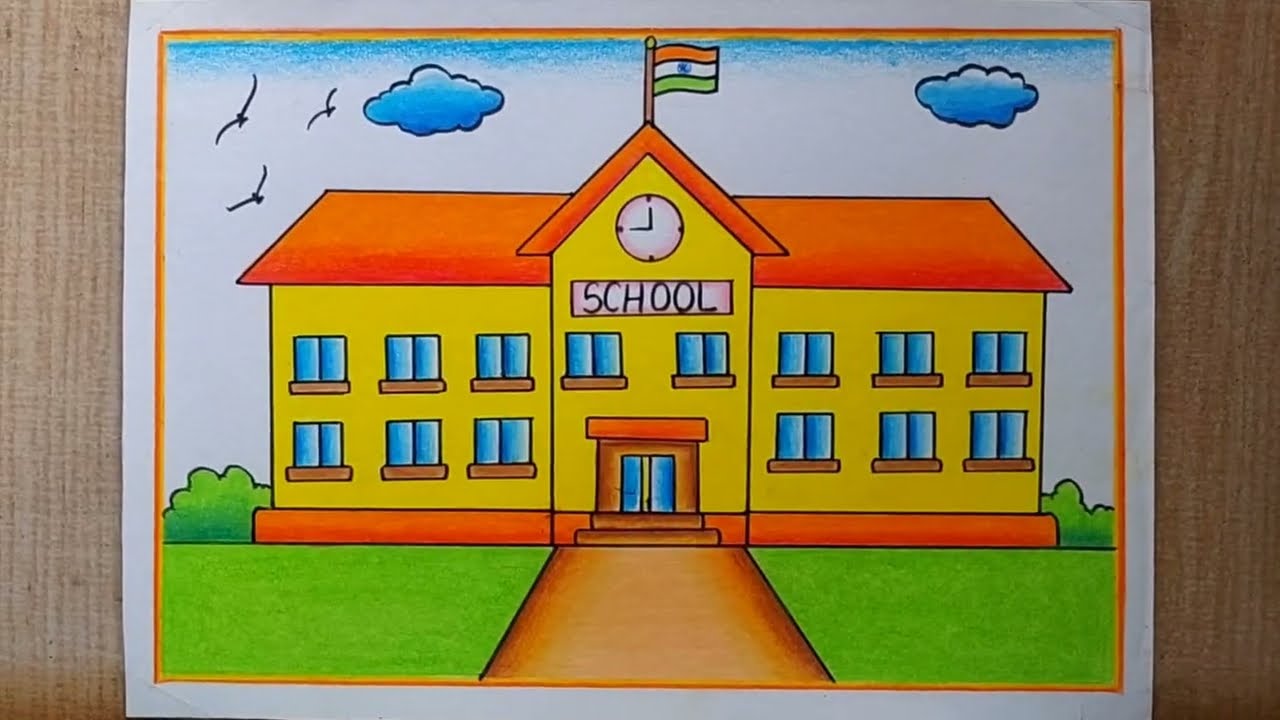 Very easy School drawing| My School Drawing| School Scenery Drawing| How to draw School step by step