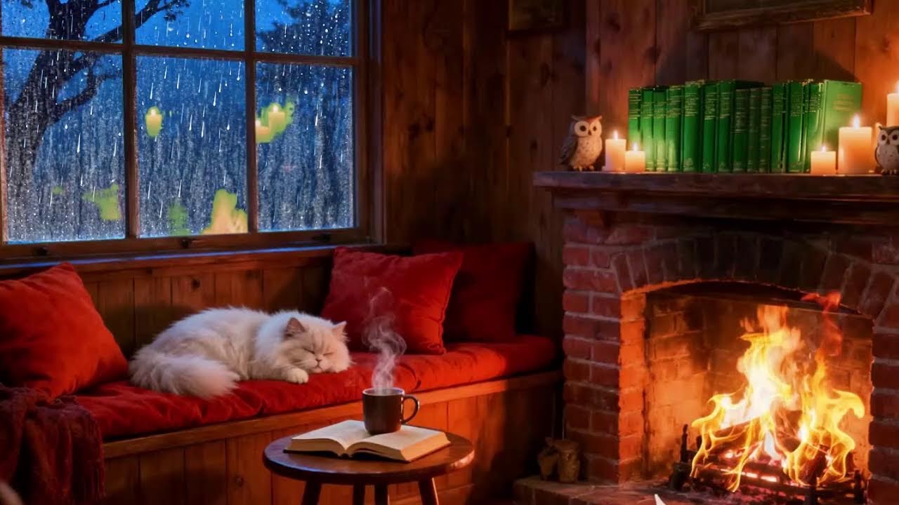 Cozy Rainy Cabin Ambience 🌧️ Fireplace Sounds for Sleeping, Relaxing & Reading