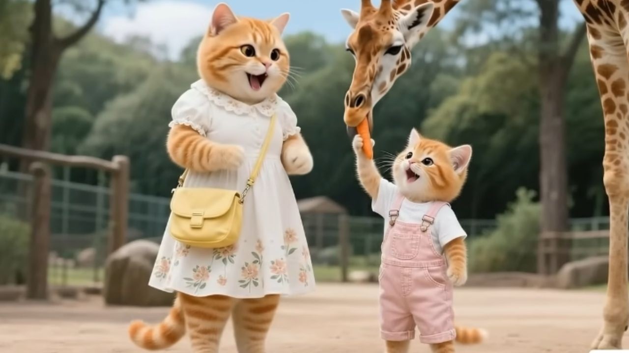 Котенок кормит жирафа в зоопарке вместе с мамой-кошкой! 🐱🦒🥕 | Милая история про кошку