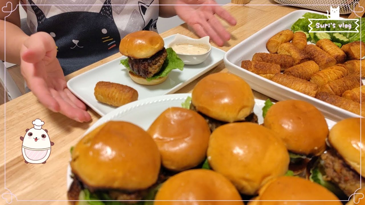 #36 suri's vlog: mini burger with grilled veggie & meat patty, tato tods, mayo roasted sesame sauce 