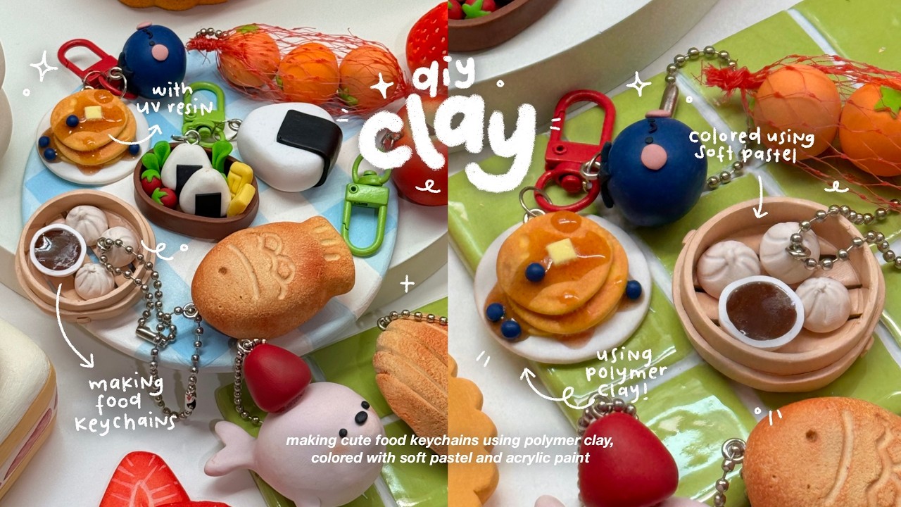 making food clay keychains🍓🍱🍙🫐 using polymer clay