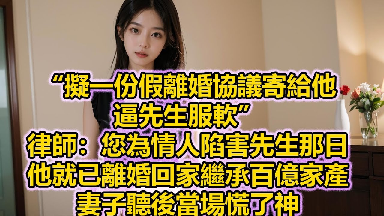 “擬一份假離婚協議寄給他，逼先生服軟”，律師：您為情人陷害先生那日，他就已離婚回家繼承百億家產，妻子聽後當場慌了神