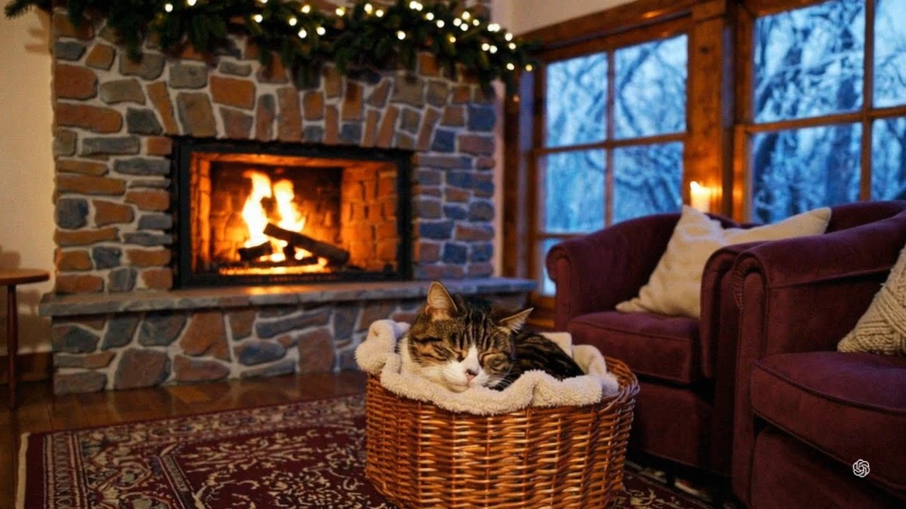 Cozy Fireplace Ambience 🪵🔥 Sleeping Cat for Deep Relaxation & Sleep #relax #ai #deepsleepmeditation
