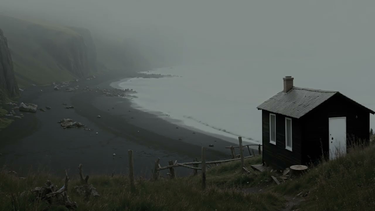 Icelandic Coastal Cabin Ambience Solitude in the Storm | A Lonely Cabin's Glow on a Black Sand Beach