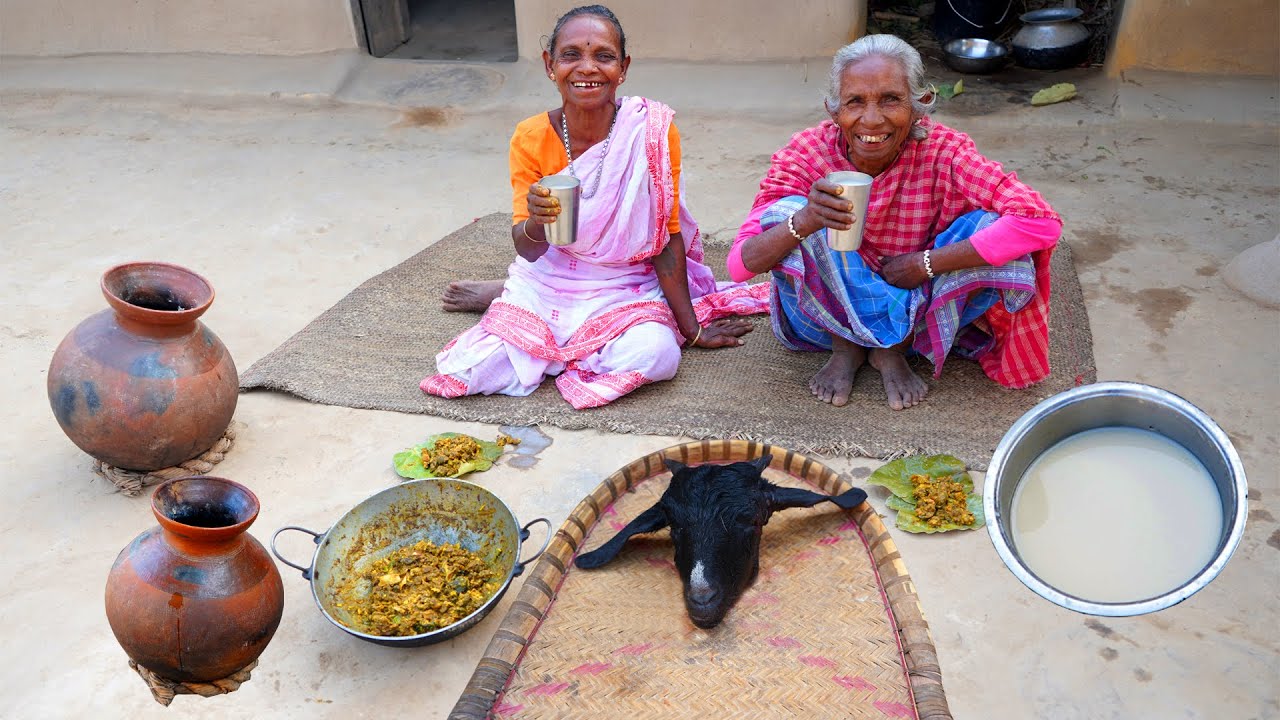 Goat Head Cooking by Tribe Grandmothers | Cooking and Eating Mutton Head with traditional Rice wine