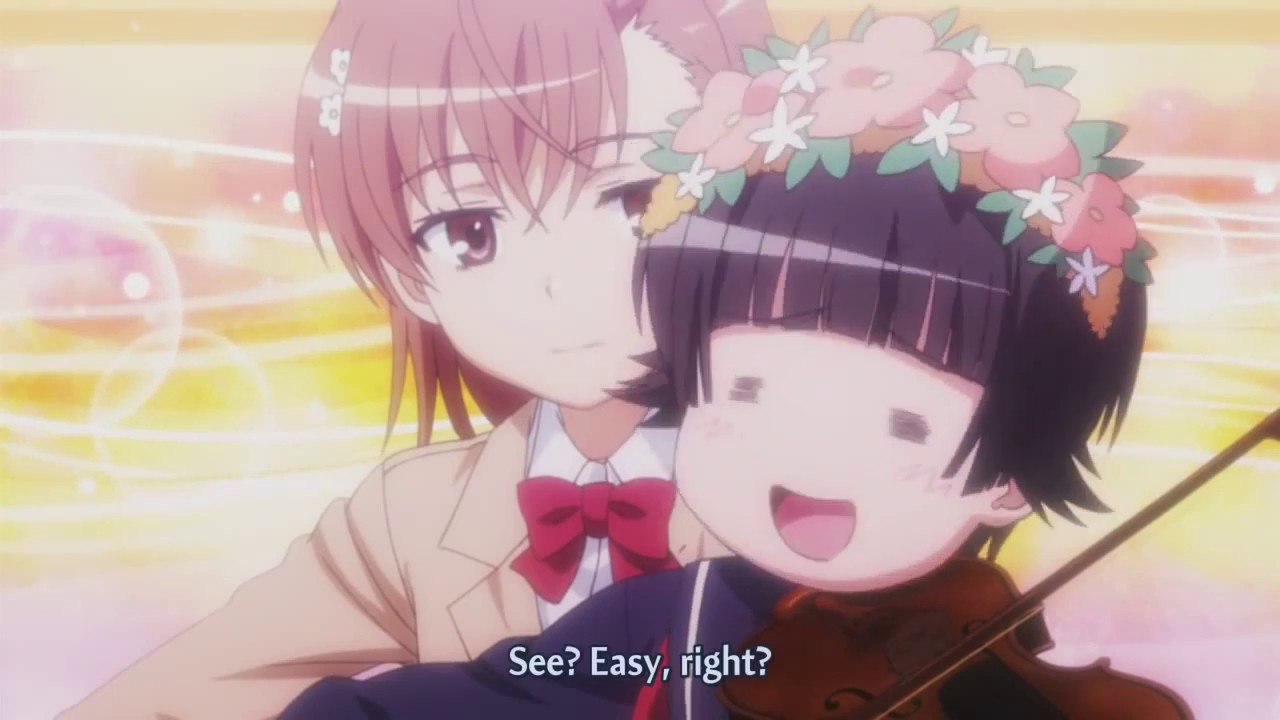 Misaka teaches Uiharu how to play the violin
