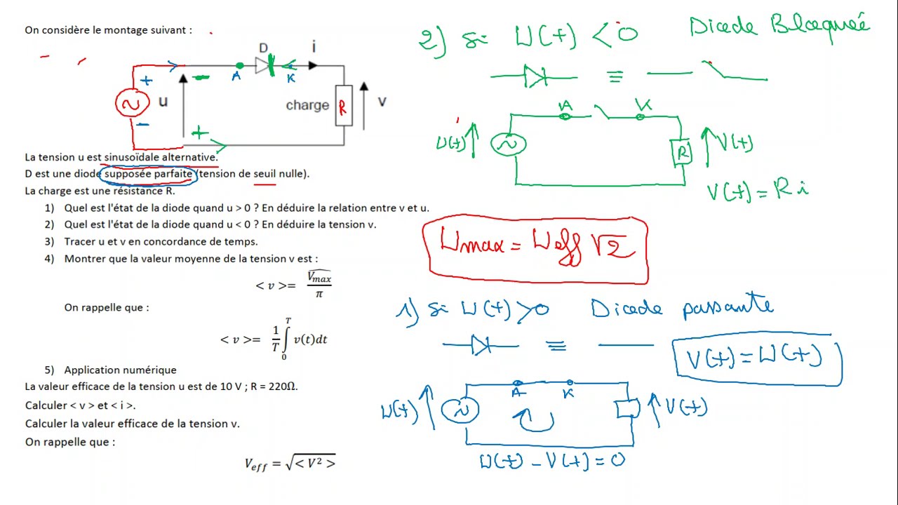 Exercice Montage Redresseur à Diode | Calcul des Tensions Moyenne et Efficace