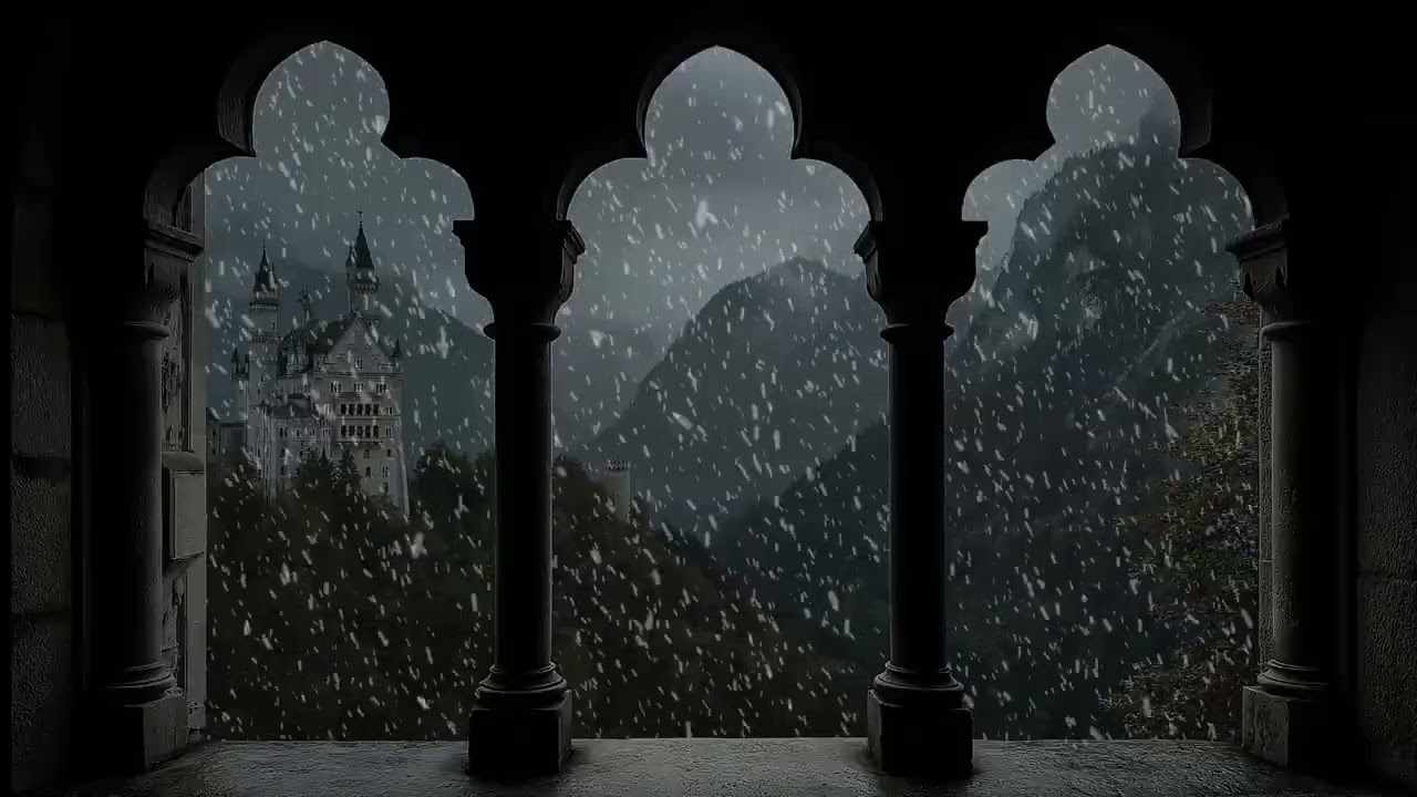 (No Ads) Medieval Winter Night Village Window View – Deep Calm Snow