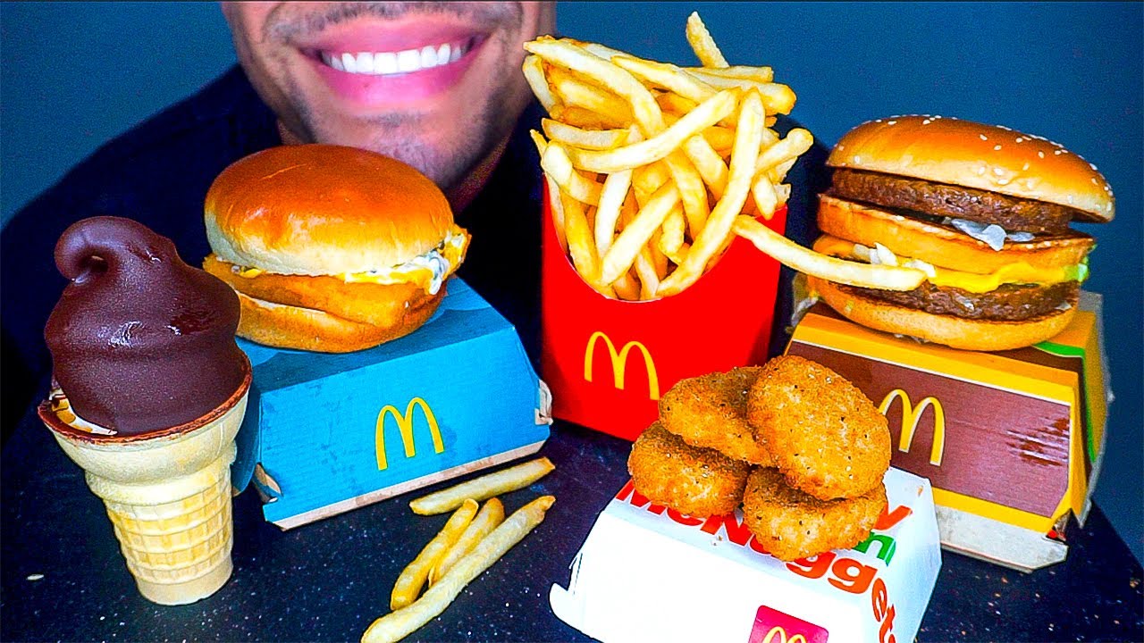 ASMR EATING MCDONALDS CHICKEN NUGGETS AND FRIES ICE CREAM CONE CHOCOLATE BIG MAC JERRY NO TALKING