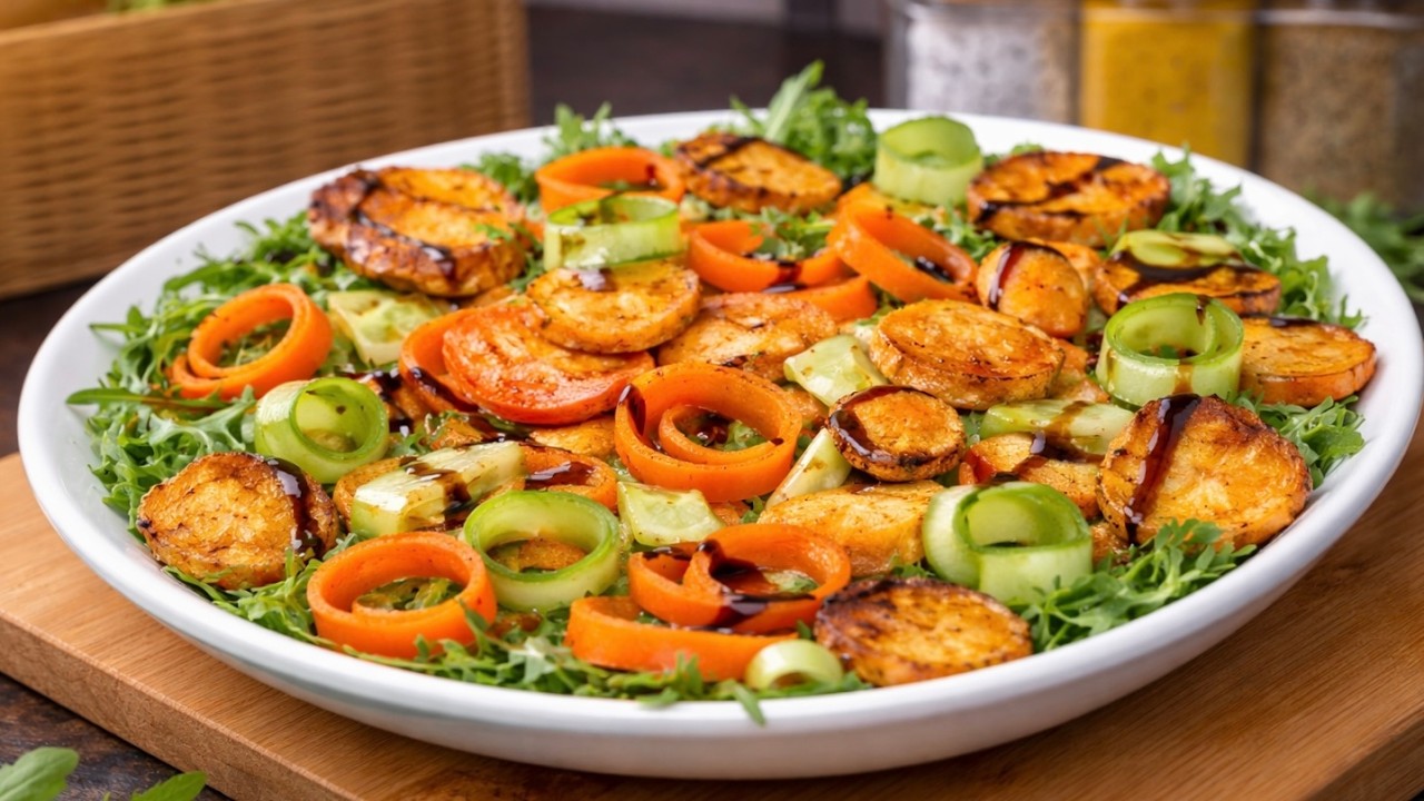 ВЕГЕТЕРІАНСЬКИЙ САЛАТ. Салат з батату та хрустким нутом і бальзамічним соусом.