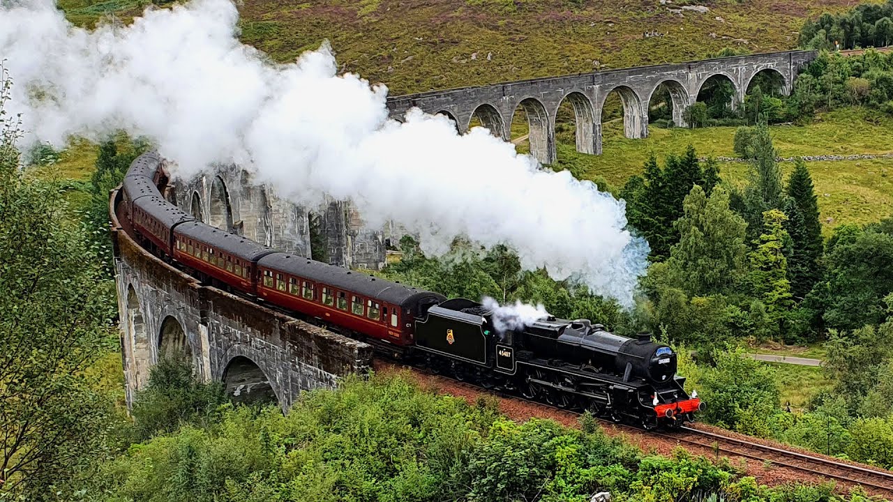 The Jacobite Steam Train whistles over Glenfinnan Viaduct - 45407 'The Lancashire Fusilier'