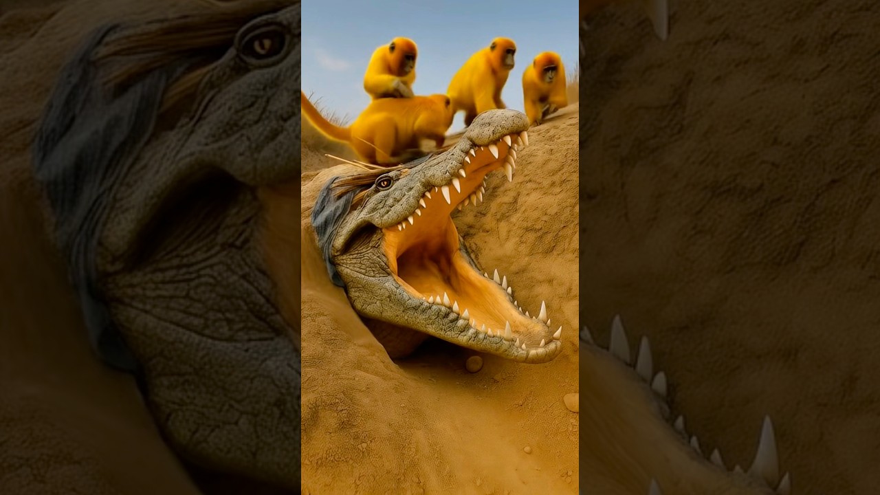 Monkeys Escape the Lion&hellip; Into a Crocodile&rsquo;s Mouth! 🐒🦁🐊 #anime #animals #aivideo #lion #monkey
