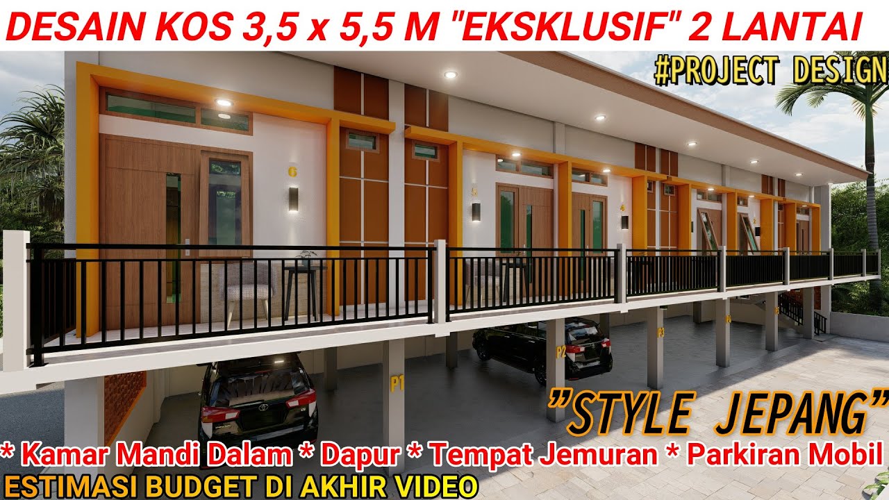 DESAIN KOS EKSKLUSIF 3.5 X 5.5M 2 LANTAI STYLE JEPANG l Kamar Mandi Dalam, Dapur, Parkiran, Jemuran