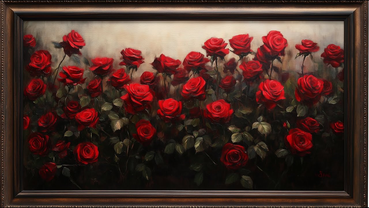 VINTAGE RED ROSE BUSH OIL PAINTING | TV WALLPAPER ART | TV SCREENSAVER | 2HRS-NO SOUND #tvwallpaper
