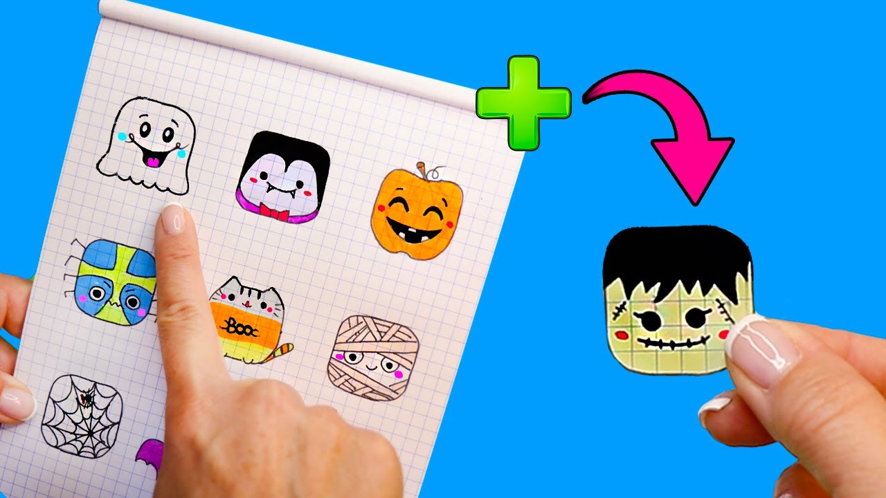 10 Квадратных рисунков ПО КЛЕТОЧКАМ! Хэллоуин 🎃Рисуем и делаем НАКЛЕЙКИ! Часть 7
