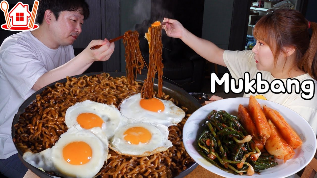 Пара mukbang│Eating Fire куриная лапша, смешанная с джапагетти с мужем.