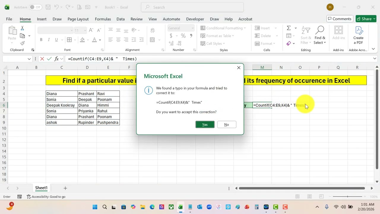Find whether a value is present in an array or not and also find its frequency in Excel