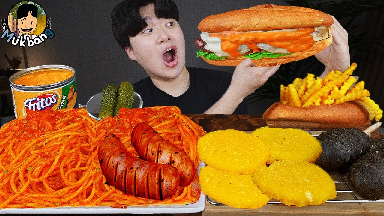 ASMR MUKBANG | гамбургер, Сырная палочка, Огненная лапша, хотдог рецепт блюда принимать пищу