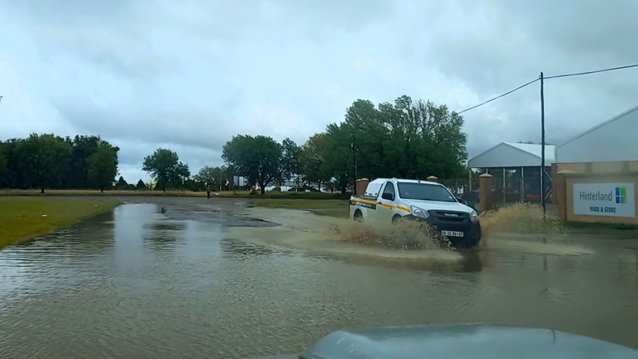 Heavy rain in Bothaville, South Africa flooding the roads