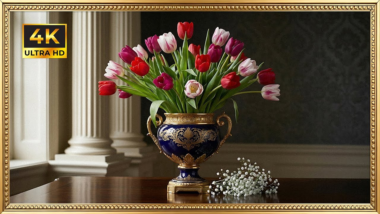 Elegant Multicolor Tulip Bouquet | Gold Framed 4K Art Screensaver | Classic Floral TV Wallpaper