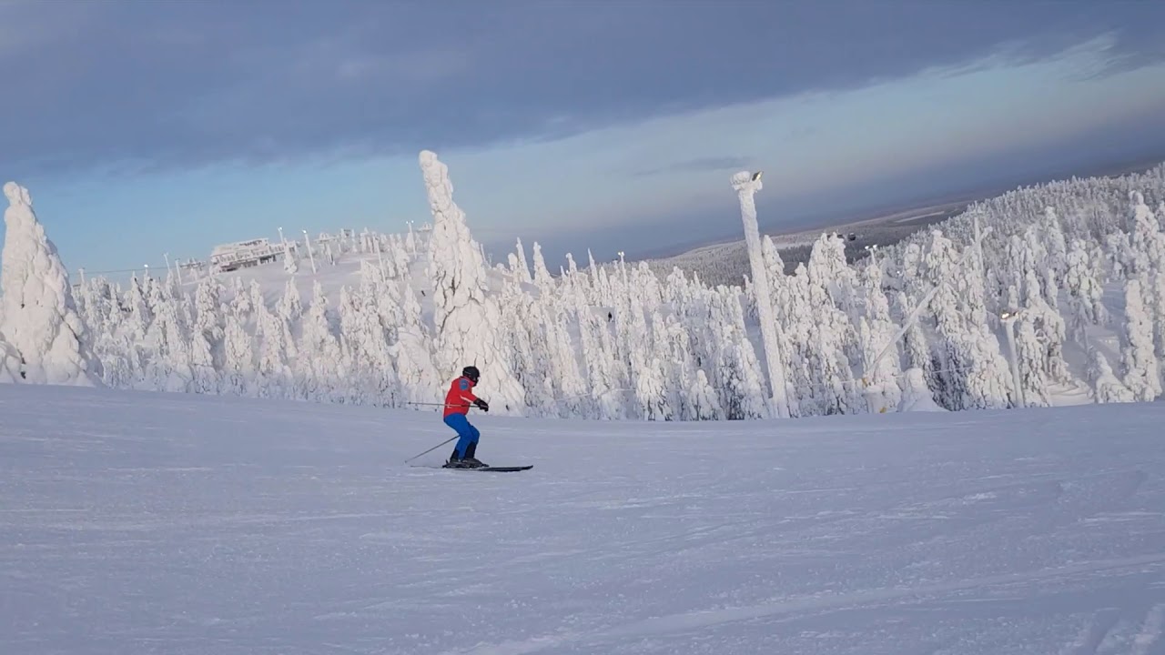 Skiing at Ruka Finland. Red run 24 Vuosseli