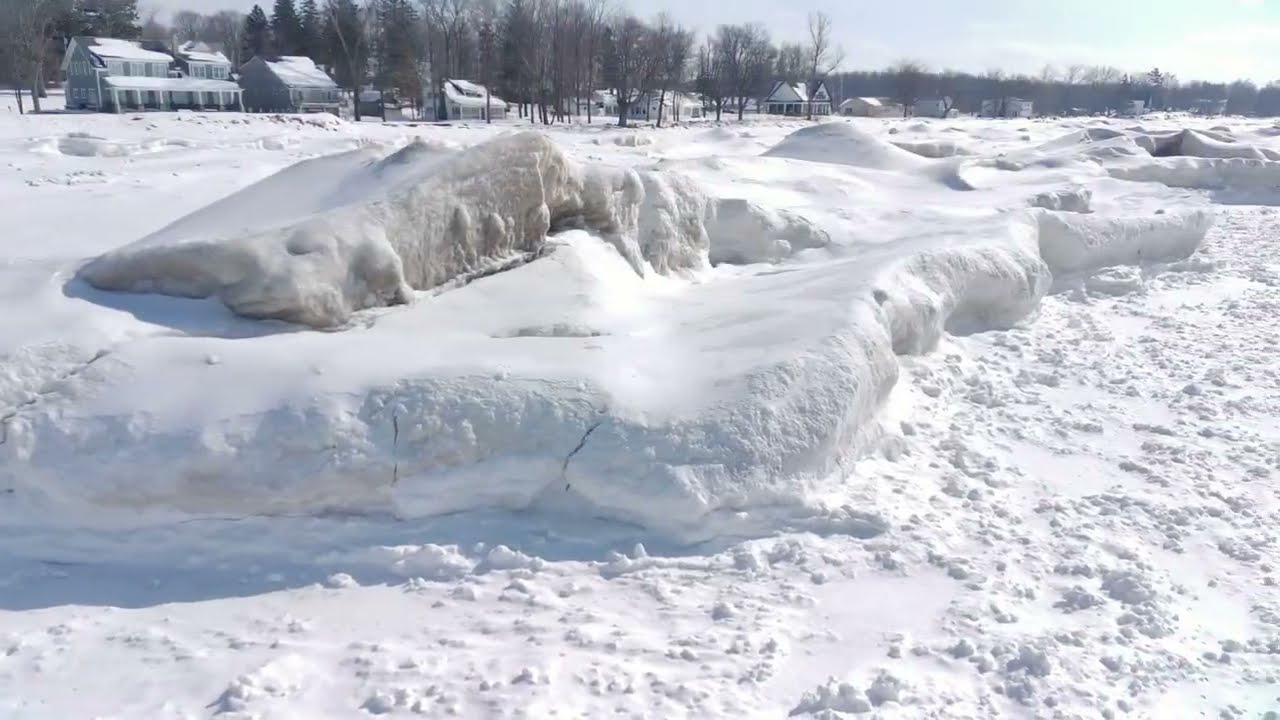 Aerial view of the ice and ice Mounds on the Eastern Shore of Lake Ontario