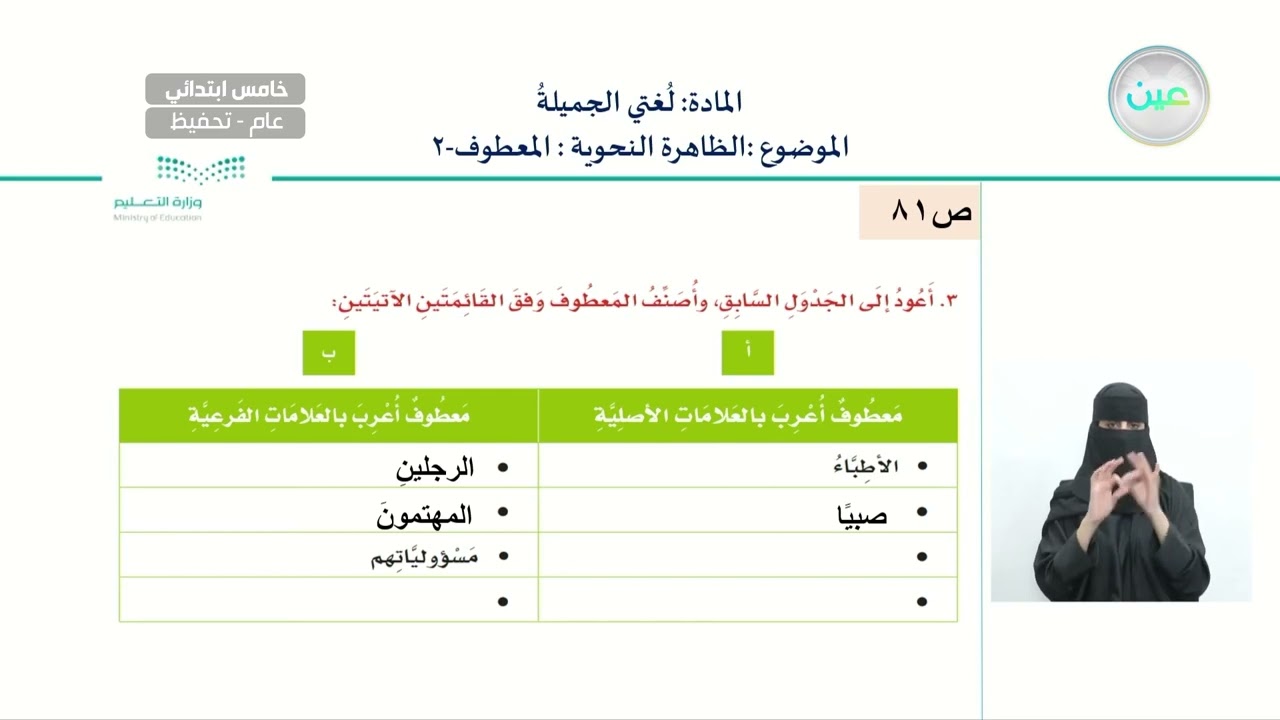 الوظيفة النحوية - المعطوف2 - لغتي الجميلة - خامس ابتدائي