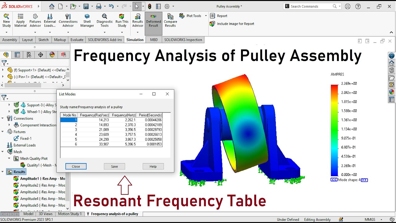 Frequency analysis of a pulley assembly with solidworks
