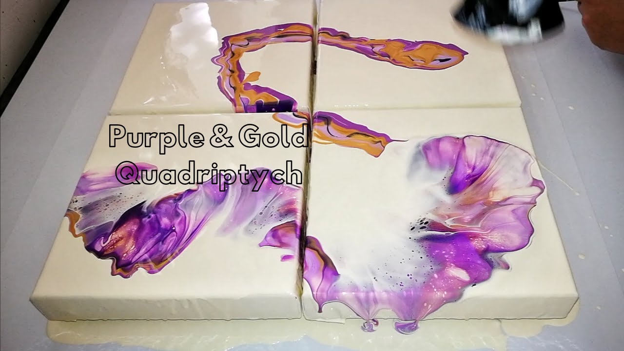 (50) Purple and Gold Quadriptych Dutch Pour - acrylic pour.