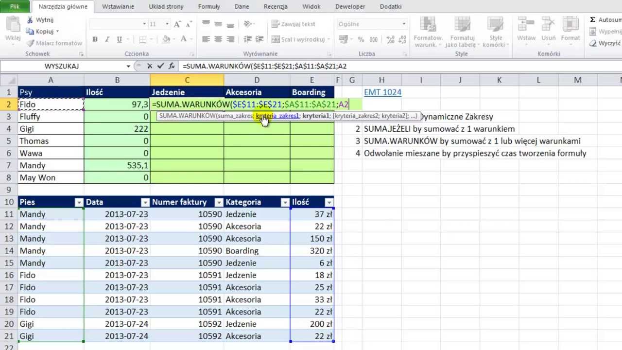 Excel - SUMA JEŻELI i SUMA WARUNK&Oacute;W mieszane odwołania i zakresy w tabelach - sztuczki #48